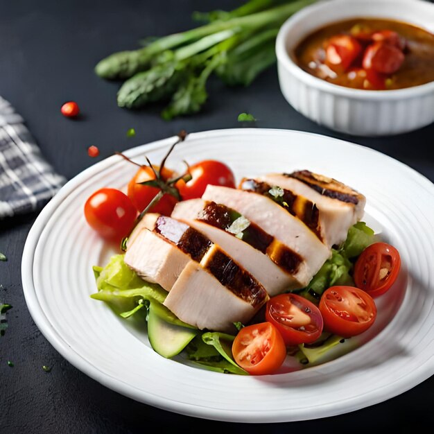 Un plato de pollo y tomates con un bol de salsa al fondo.