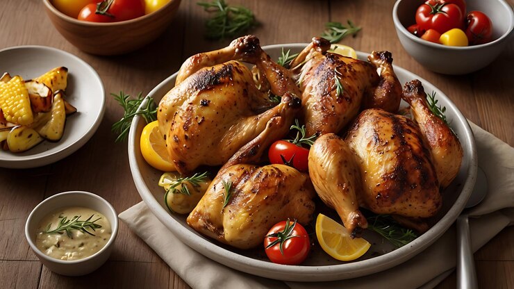 un plato de pollo con tomates y limones en él