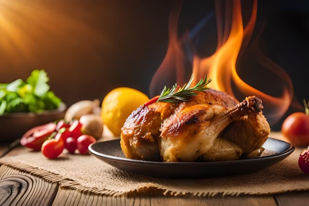 Foto un plato de pollo y verduras con un fuego detrás de él