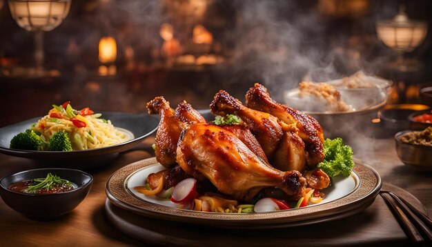 un plato de pollo y verduras con un fuego en el fondo