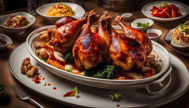 un plato de pollo y verduras con un lado de arroz y brócoli