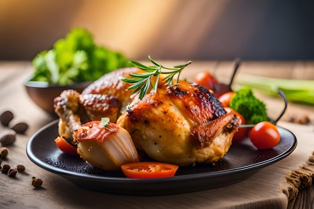 un plato de pollo con verduras y un tomate en él