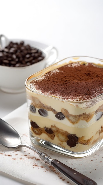 Un plato de postre con una cuchara y un tazón de chispas de chocolate IA generativa