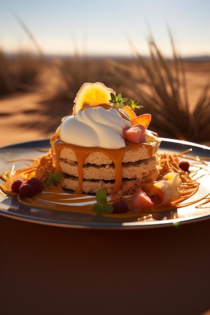 Foto un plato con un postre con un desierto en él