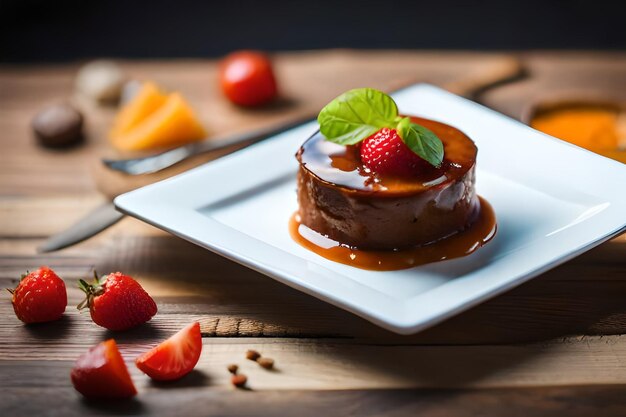 un plato de postre con fresas y chocolate en él