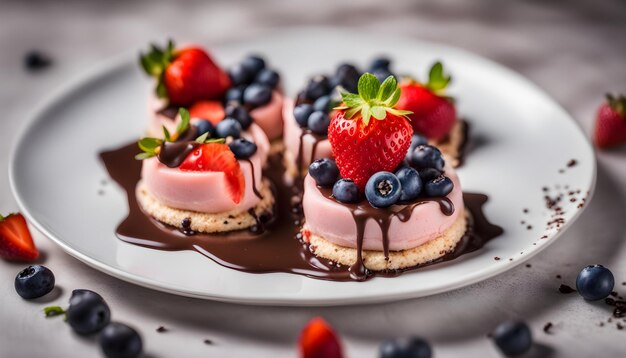 Foto un plato de postre con fresas y salsa de chocolate