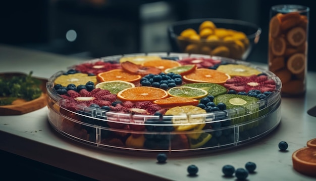 Un plato de postre gourmet con variaciones de bayas multicolores generadas por IA