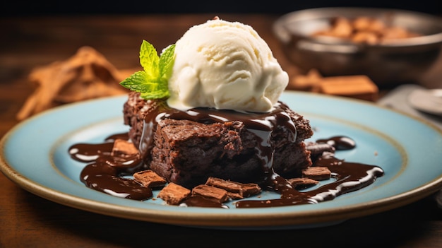 un plato de postre con helado y salsa de chocolate