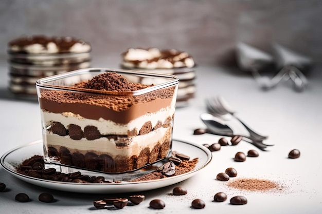 Un plato de postre con mousse de chocolate encima y granos de café al lado.