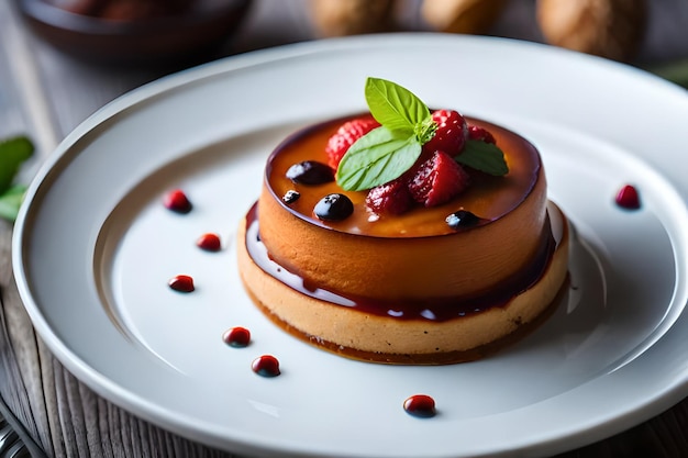 un plato con un postre que tiene frambuesas.