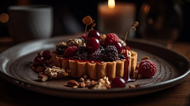 Un plato de postre con una tarta de frutas.