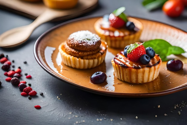 un plato de postres con bayas y una fresa