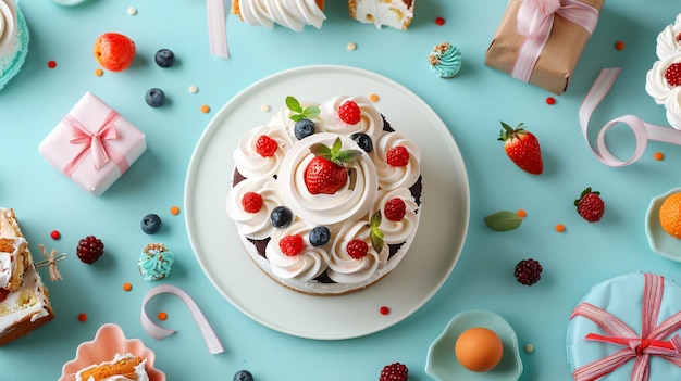 Un plato de postres con bayas y un plato de fruta
