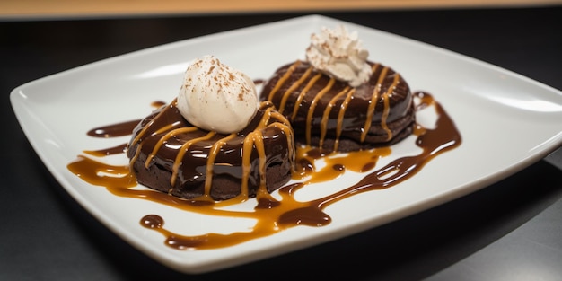 Un plato de postres de chocolate con helado y salsa de caramelo.