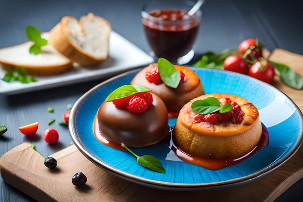 Foto un plato de postres de chocolate con salsa de fresa y albahaca al lado.