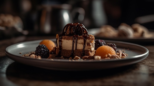 Un plato de postres con un chorrito de chocolate y una nuez negra encima.