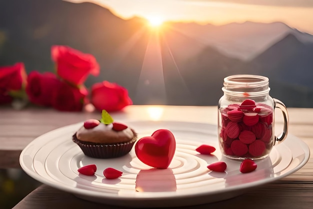 Un plato de postres en forma de corazón con una magdalena al fondo.