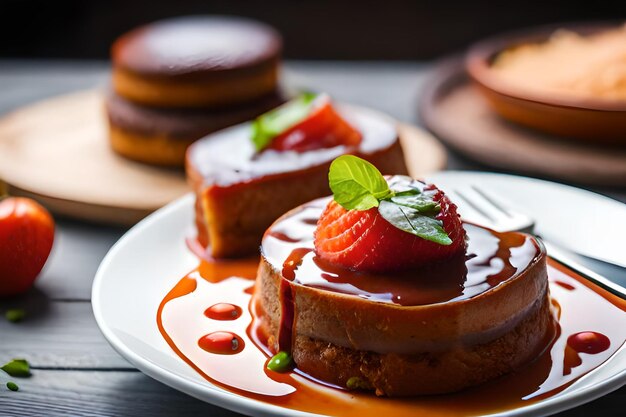 un plato de postres con una fresa en él