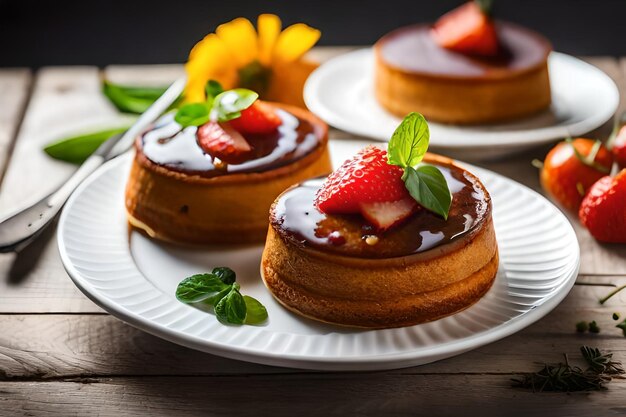 Un plato de postres con una fresa encima.