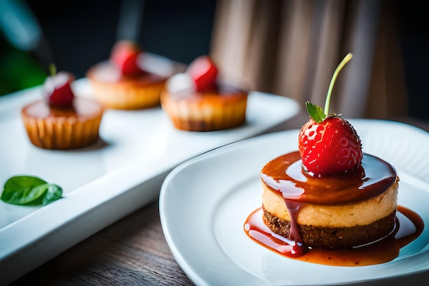 un plato de postres con una fresa en la parte superior