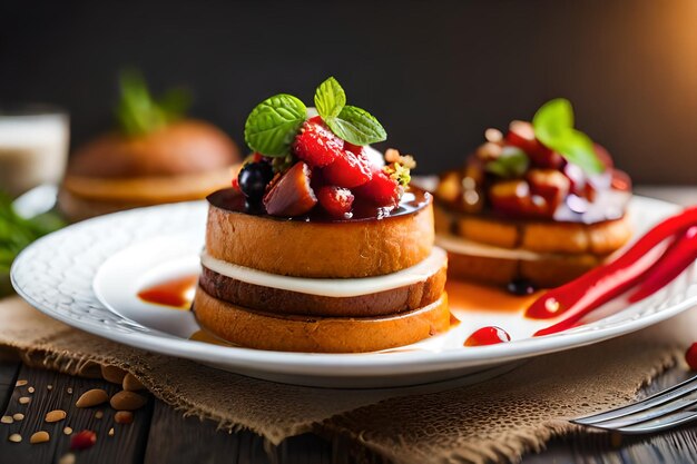 un plato de postres con fresas y chocolate en él