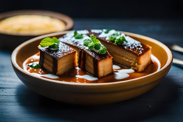 Foto un plato de postres con una salsa marrón en él