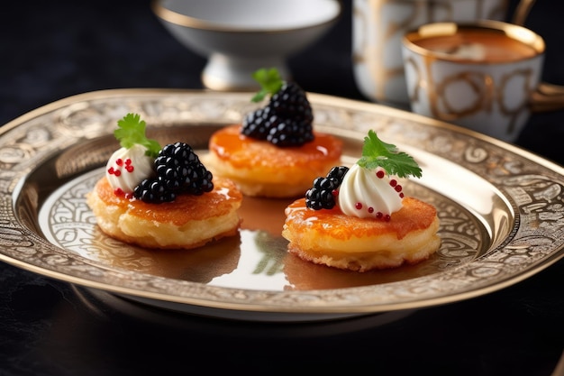 Un plato de postres con salsa de moras encima.