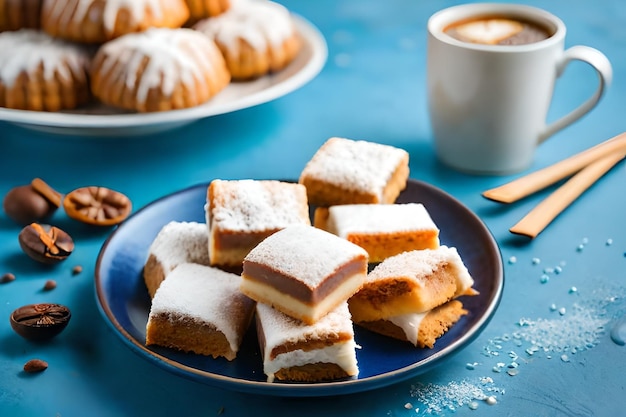 un plato de postres con una taza de café y una cuchara.