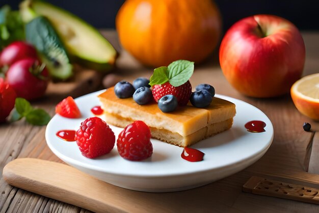 un plato de postres con un trozo de tarta y fruta.