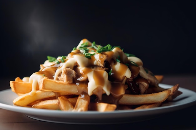 Un plato de poutine con un fondo negro.