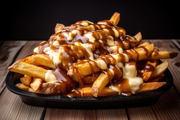 Un plato de poutine con salsa y salsa