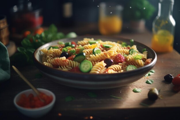 plato profundo de pasta con verduras en una tabla de madera