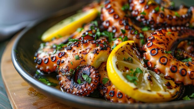 Un plato de pulpo a la parrilla con limón y hierbas