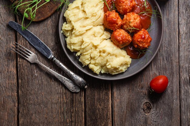 Un plato de puré de patatas con un cuchillo y un tenedor al lado