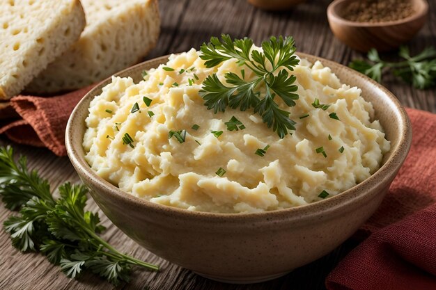 un plato de puré de patatas con una ramita de eneldo.