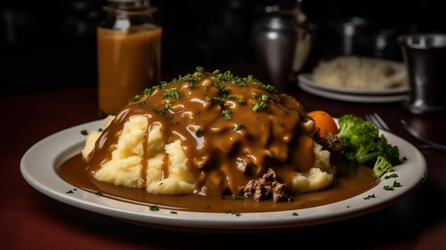 Un plato de puré de patatas con salsa y una botella de salsa.