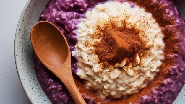 Un plato púrpura lleno de una saludable avena de avena con polvo de canela