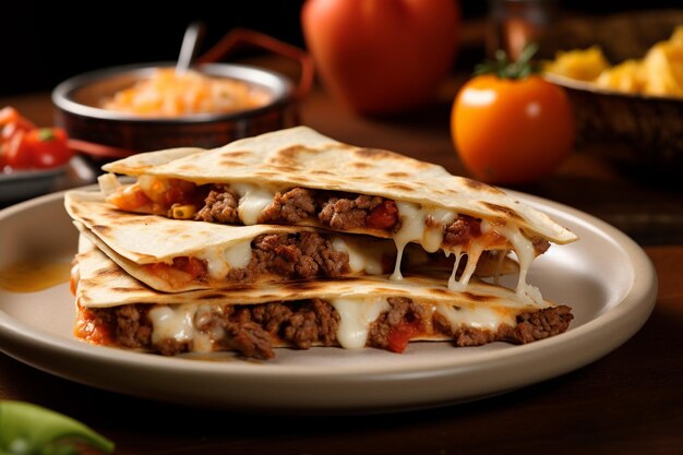 Un plato de quesadillas de carne con un tomate rojo en el fondo