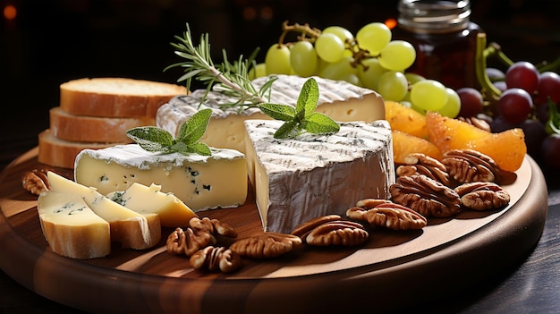 Plato de queso, un aperitivo tradicional italiano con nueces, uvas cosechadas, papel tapiz, menú del restaurante