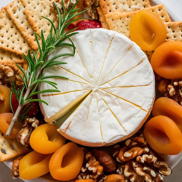 Foto plato de queso camembert queso romero galletas secas albaricoques y nueces