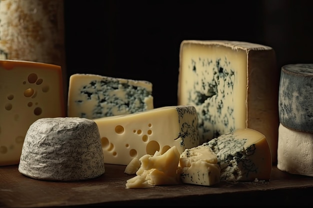 Plato de queso de degustación en un plato Comida para vino y queso romántico con espacio de copia generado por AI