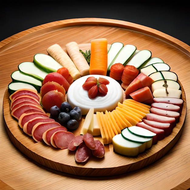 Un plato de queso, fruta y pepino con arándanos.