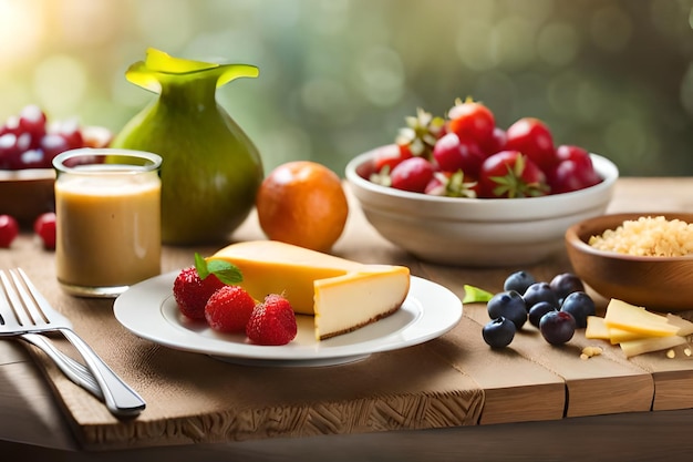 un plato de queso, fruta y un tazón de yogur