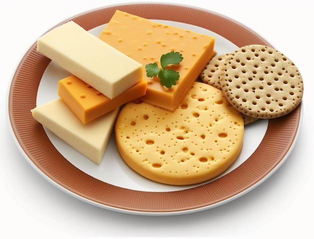 Un plato de queso y galletas saladas con un borde marrón.