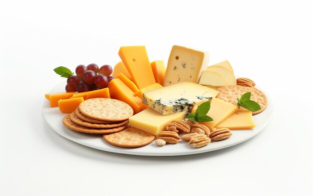 Foto plato de queso y galletas sobre un fondo blanco