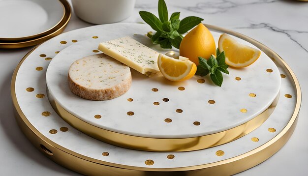 Foto un plato de queso y limones con una taza de café