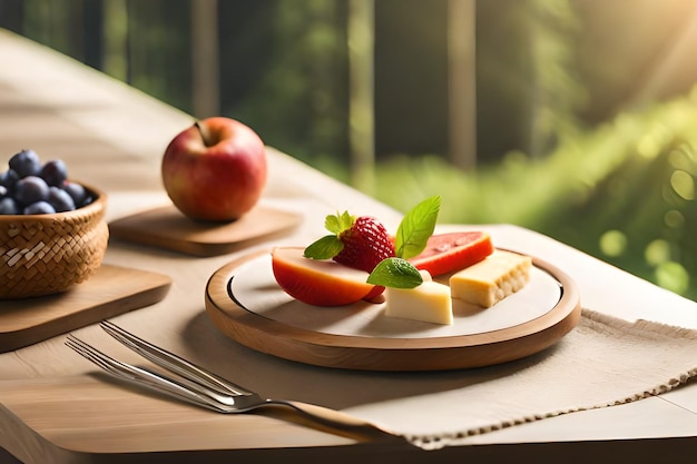 un plato de queso, manzanas y queso en una mesa.