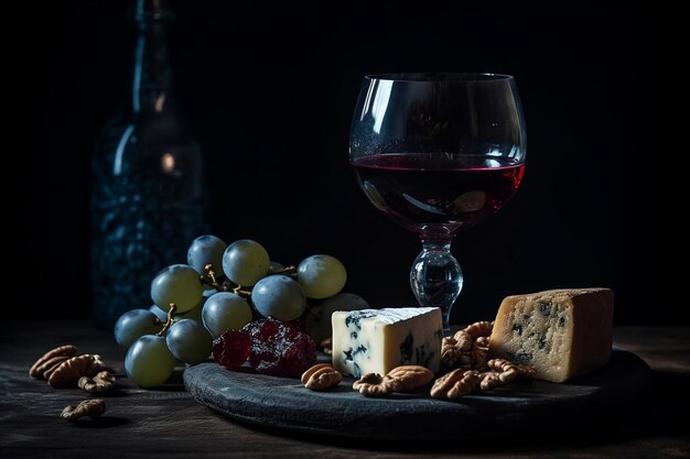 Un plato de queso, nueces y nueces sobre un fondo oscuro