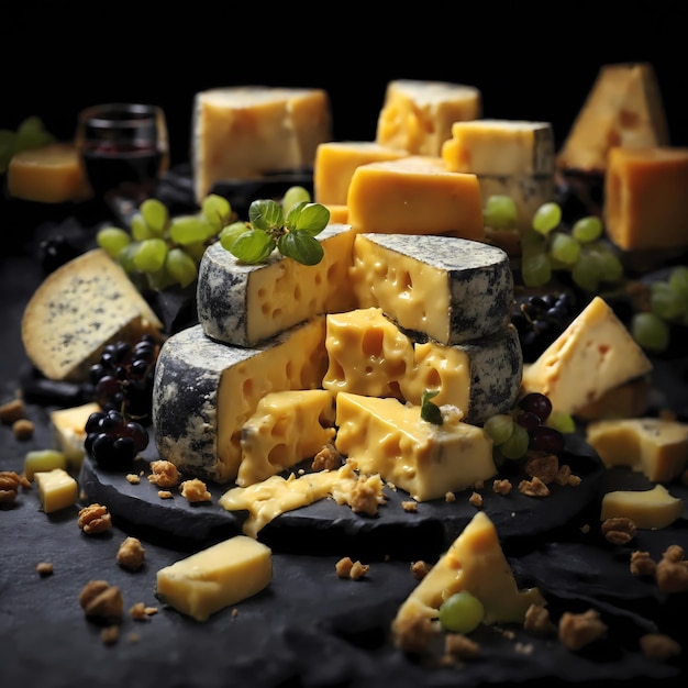 un plato de queso con queso y uvas