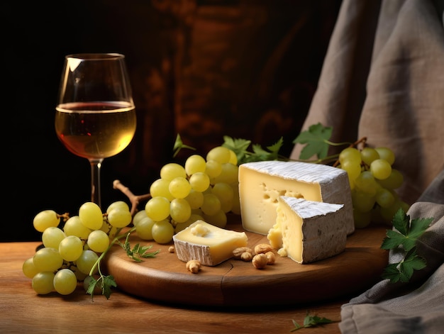 Plato de queso con quesos orgánicos, frutas, nueces y vino sobre un fondo de madera. Delicioso aperitivo de queso para vino.